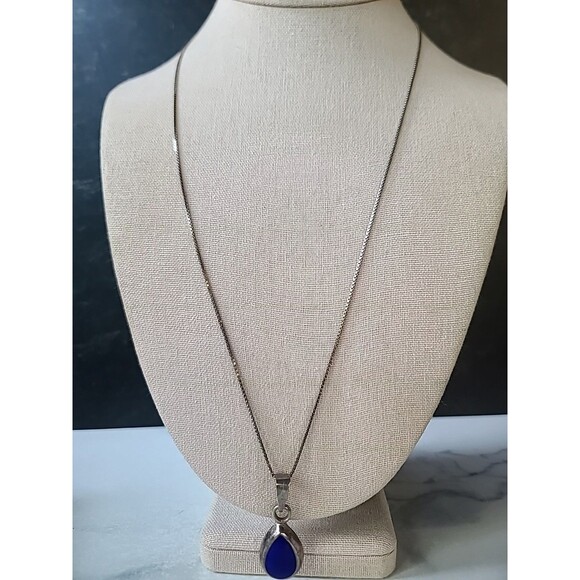 925 Sterling Silver Faux Stone Blue Inlay Pendant Necklace Vintage - Picture 2 of 11